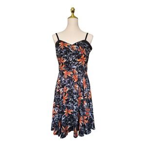 The Kooples Floral Fit Flare Dress Black Orange Tropical Print Leather Trim Xl